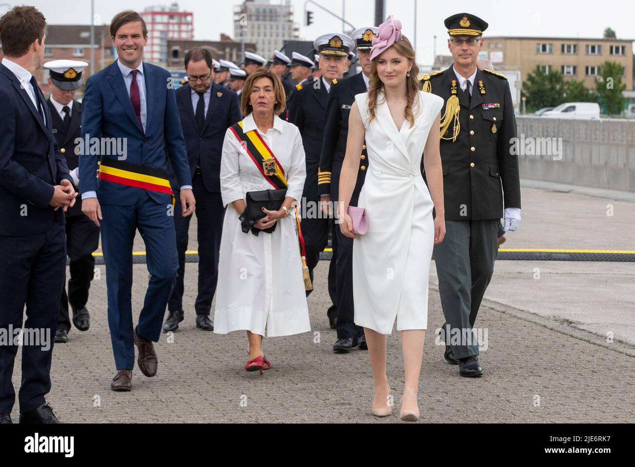 State Secretary for scientific policy Thomas Dermine, Gent Mayor Mathias De Clercq, East-Flanders province governor Carina Van Cauter and Crown Princess Elisabeth pictured during the baptism ceremony of the new research vessel RV Belgica with the Belgian Crown Princess, in Ghent. The RV Belgica will play a key role in Belgian and European marine research in the coming decades. Thanks to the new ship, marine scientists will be able to continue and expand their multi-day or multi-week expeditions in Belgian waters and beyond. The Belgian State, represented by the Federal Science Policy Office (B Stock Photo
