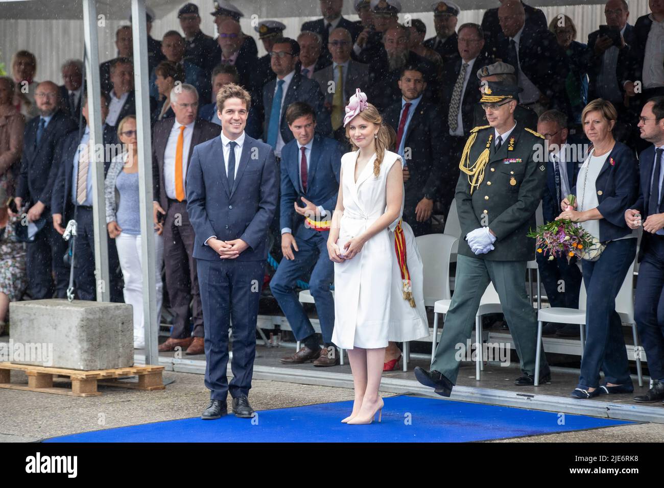 State Secretary for scientific policy Thomas Dermine and Crown Princess Elisabeth pictured during the baptism ceremony of the new research vessel RV Belgica with the Belgian Crown Princess, in Ghent. The RV Belgica will play a key role in Belgian and European marine research in the coming decades. Thanks to the new ship, marine scientists will be able to continue and expand their multi-day or multi-week expeditions in Belgian waters and beyond. The Belgian State, represented by the Federal Science Policy Office (BELSPO), owns the ship. The Royal Belgian Institute of Natural Sciences (RBINS) wi Stock Photo