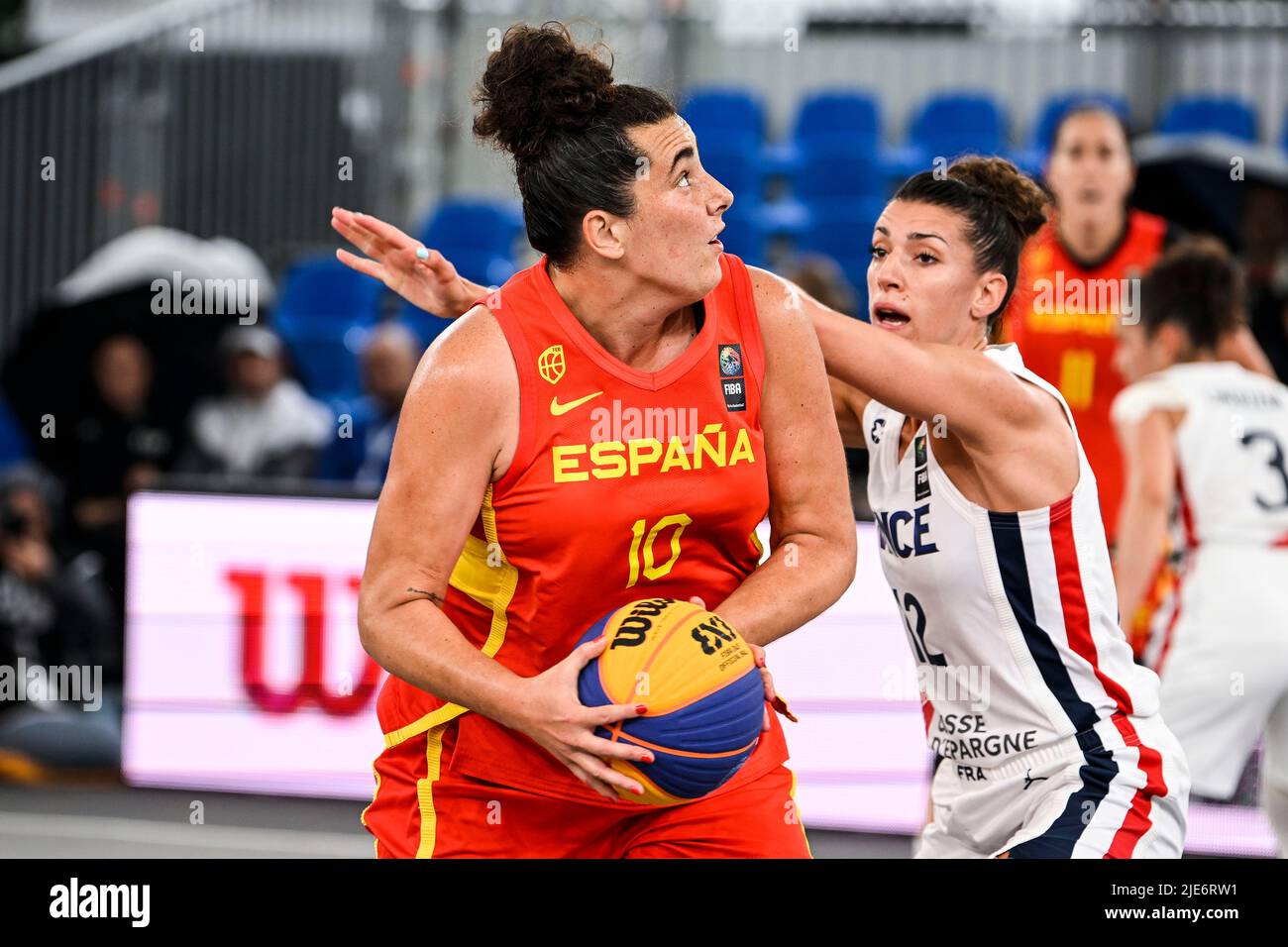 Spain's Aitana Cuevas and French Laetitia Guapo pictured in action during a 3x3 basketball game between France and Spain, in the Women's quarter final round at the FIBA 2022 world cup, Saturday 25 June 2022, in Antwerp. The FIBA 3x3 Basket World Cup 2022 takes place from 21 to 26 June in Antwerp. BELGA PHOTO TOM GOYVAERTS Stock Photo
