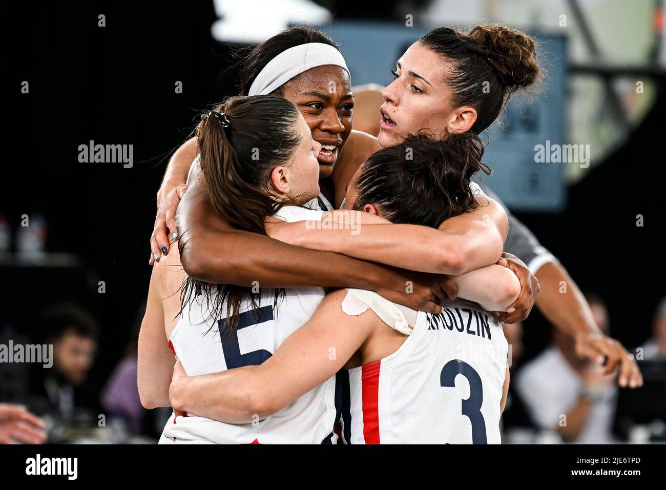 French Myriam Djekoundade and French Laetitia Guapo celebrate after winning a 3x3 basketball game between France and Spain, in the Women's quarter final round at the FIBA 2022 world cup, Saturday 25 June 2022, in Antwerp. The FIBA 3x3 Basket World Cup 2022 takes place from 21 to 26 June in Antwerp. BELGA PHOTO TOM GOYVAERTS Stock Photo