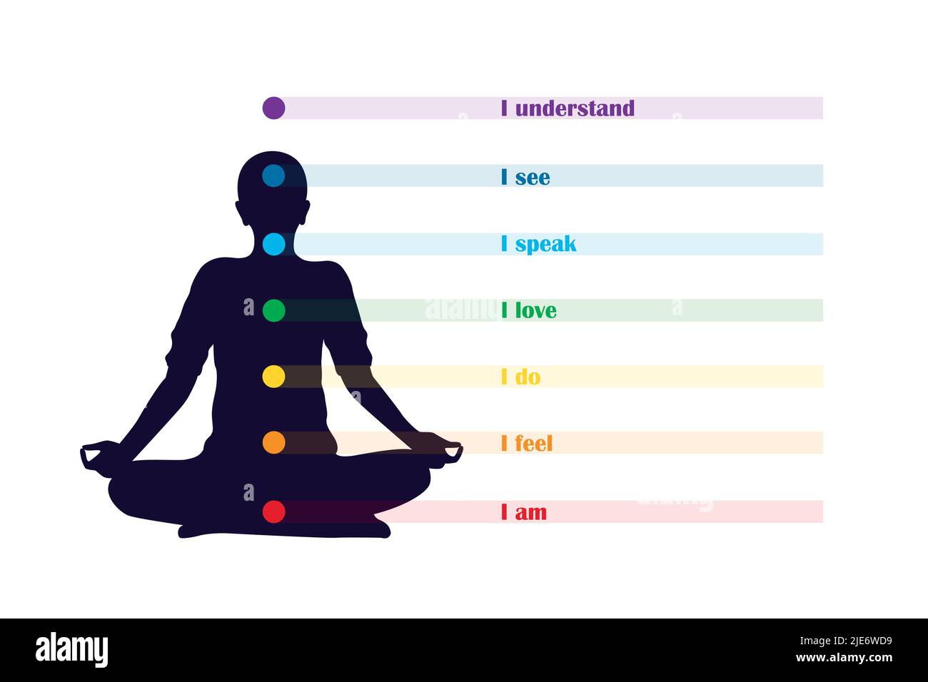 meditating person silhouette with chakra and description Stock Vector