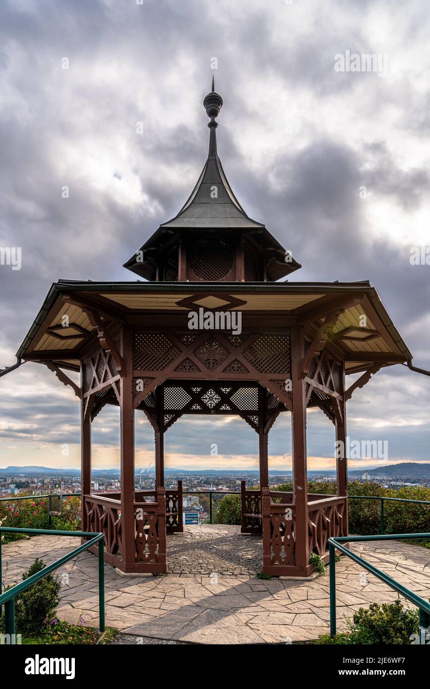 Beautiful view of Chinese Pavilion on Schlossberg in Graz with cityscape of Graz old town in background on autumn day, Graz, Austria Stock Photo