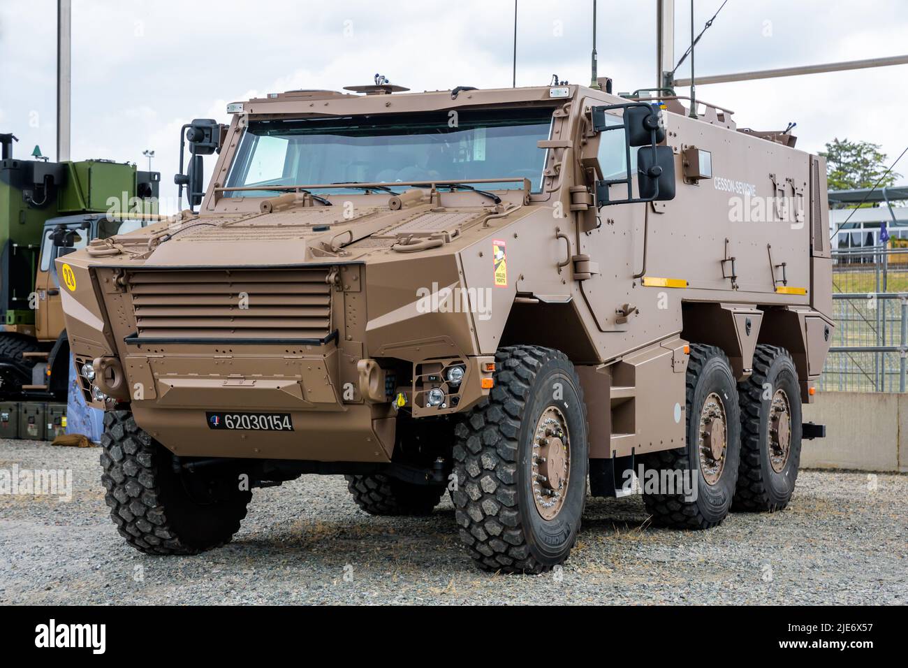 Three-quarter front view of the VBMR Griffon, a six-wheel drive multipurpose armoured personnel carrier of the French Army. Stock Photo