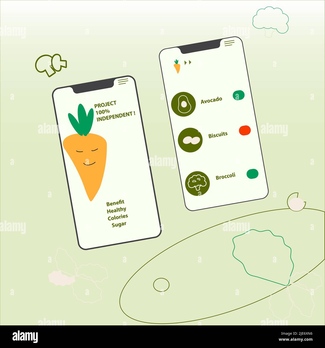 Healthy food mobile application concept. Mobile App with example of benefit and healthy fruits