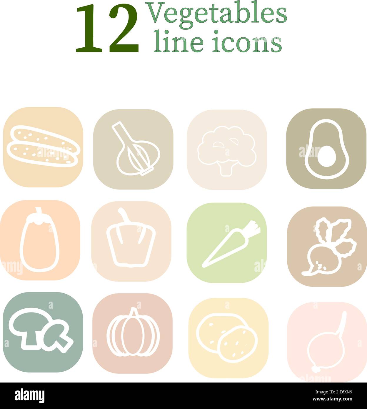 Vegetables line icons. Styled vegetableswhite icons on the colourful stickers. Vector illustration. Healthy food concept. Stock Vector