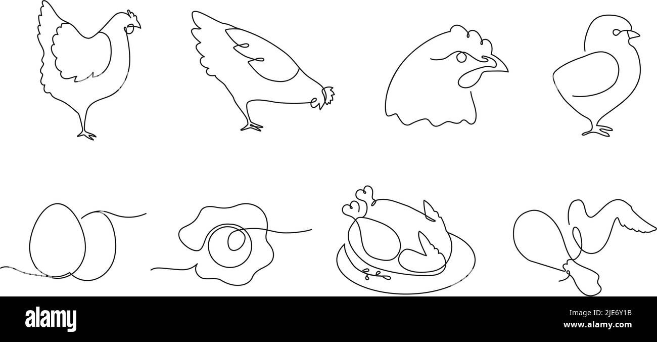 One line chickens. Farm bird, chicken meat and eggs continuous line