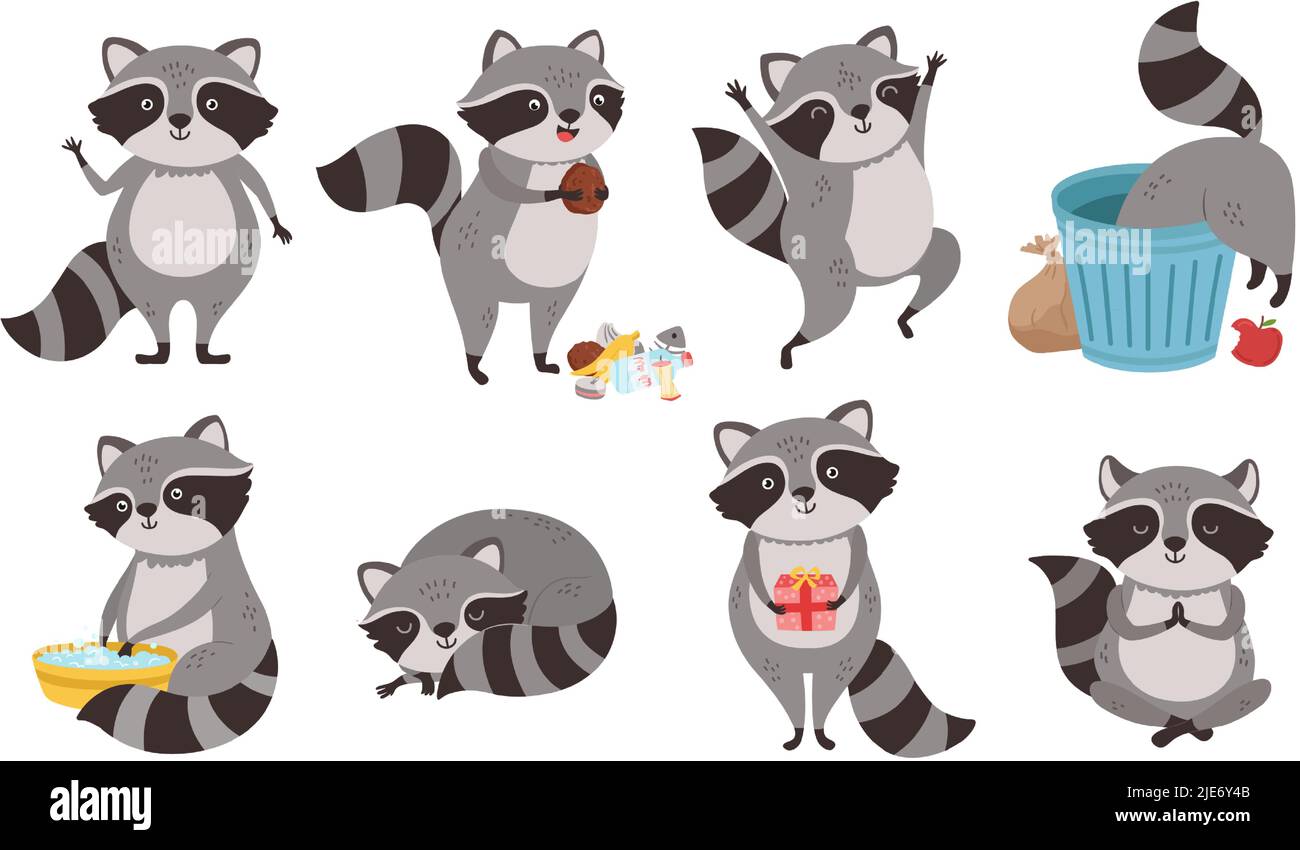 Raccoon character. Funny coon in trash, wild raccoons in different ...