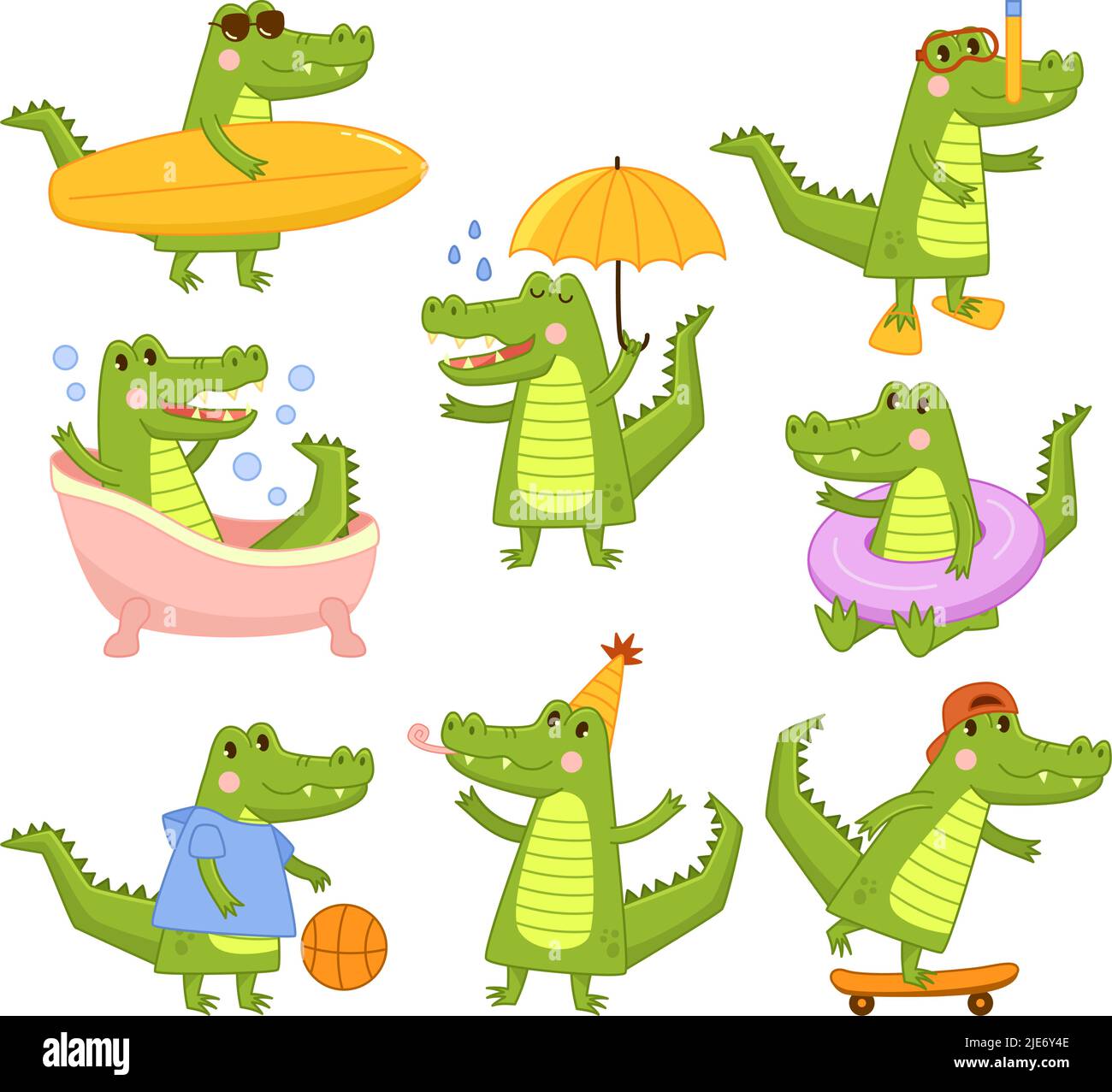 Cartoon alligator. Cool green crocodile surfer and diver, takes bath and skateboarding. Mascot in different activities vector illustration set Stock Vector