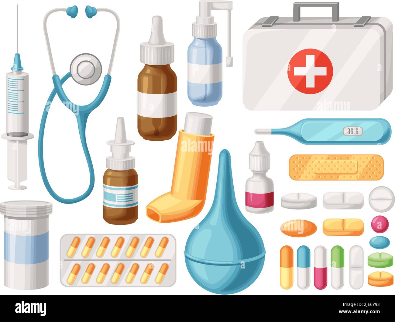 Cartoon medical supplies. First aid kit, inhaler, syringe and pharmacy