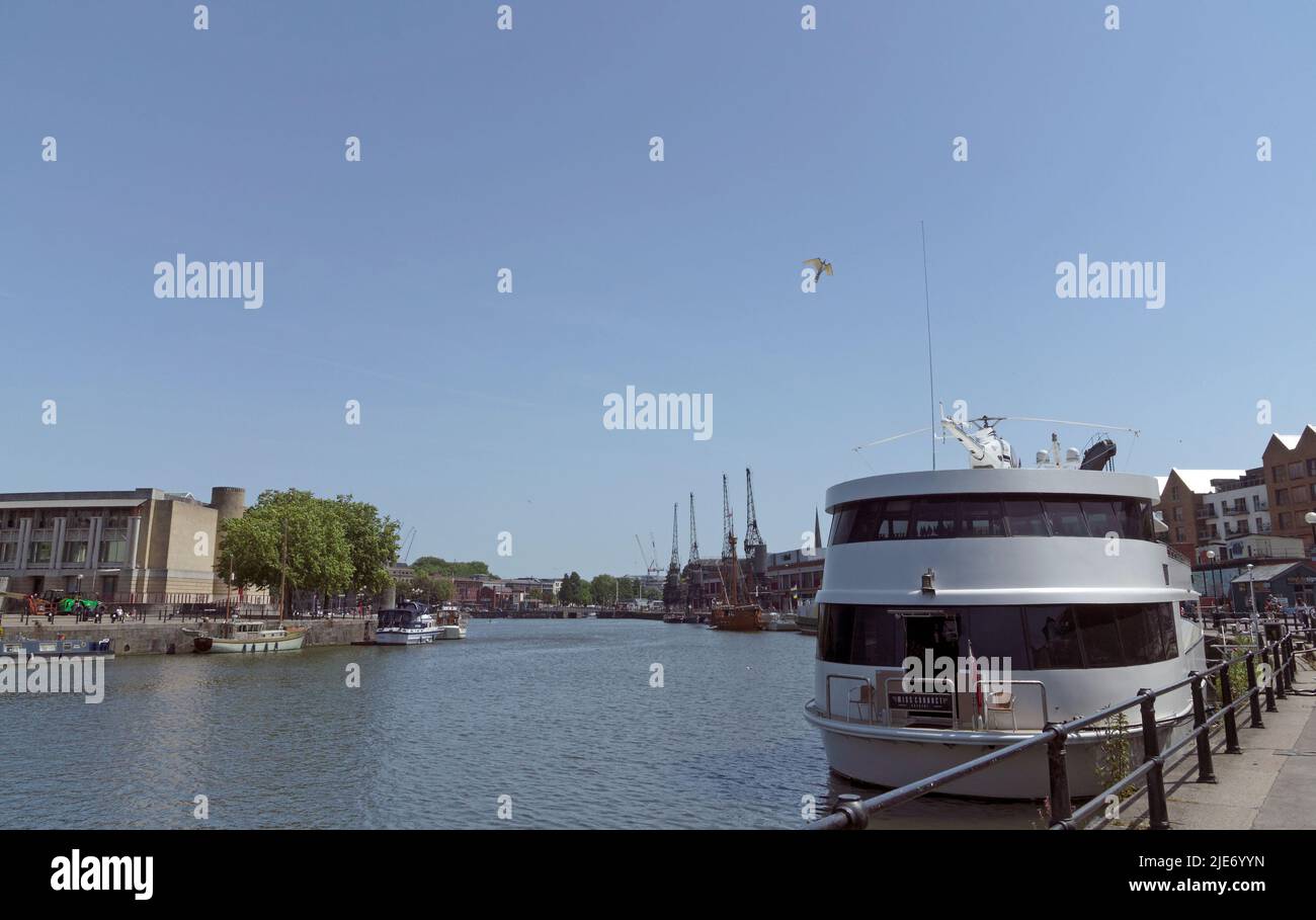 Miss Conduct boat with its own helicopter, Docks, Bristol City Centre scenes, summer 2022 Stock Photo