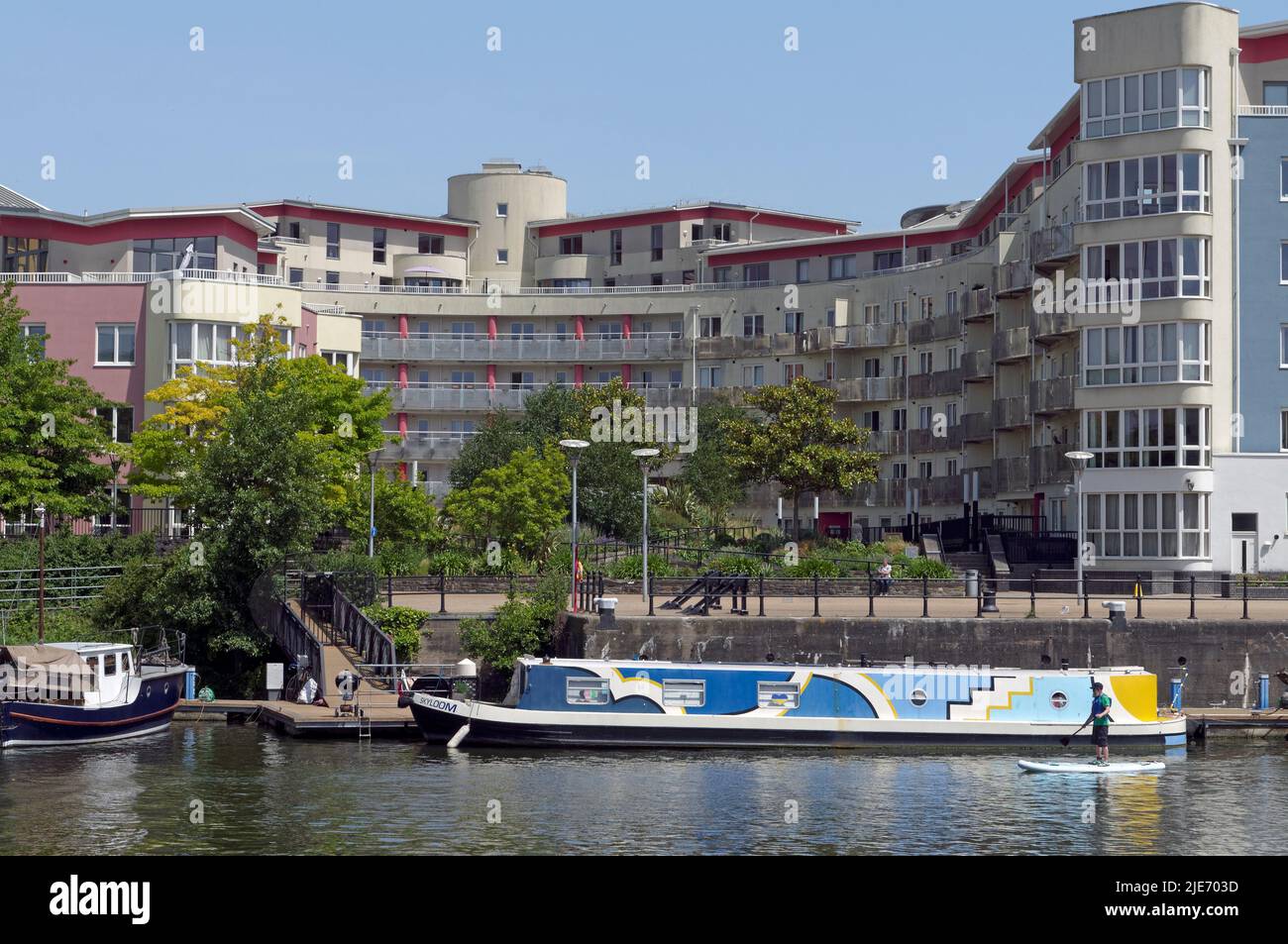 Colourful modern abstract design canal barge, docks, Bristol City Centre scenes, summer 2022 Stock Photo