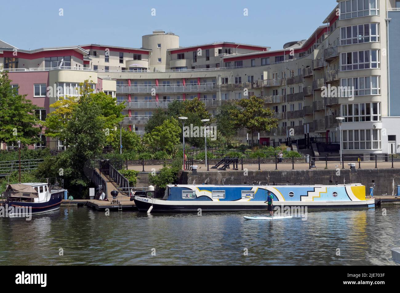 Colourful modern abstract design canal barge, docks, Bristol City Centre scenes, summer 2022 Stock Photo