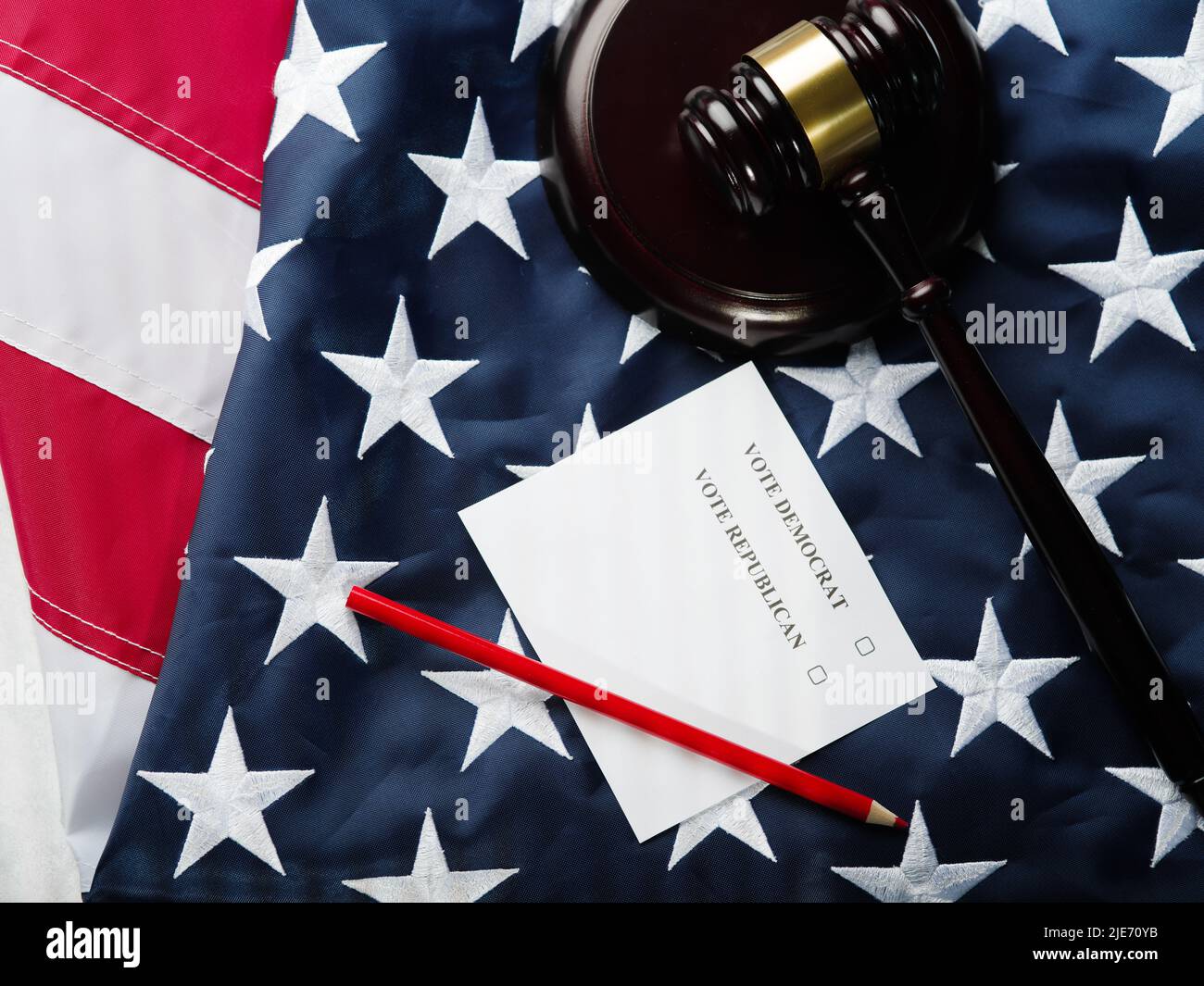 American flag, judge's gavel and ballot - Republican or Democrat, pencil. Freedom of choice, democracy, referendum, elections, law, rule of law. There Stock Photo