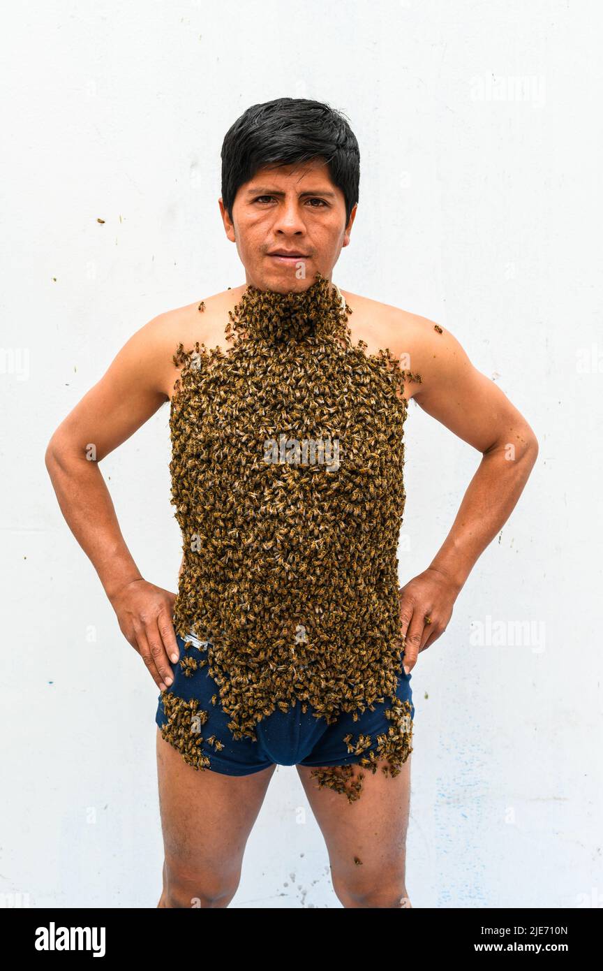 Man covered by many bees Stock Photo