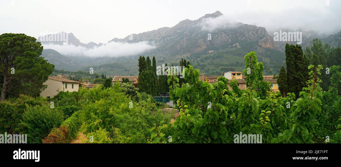 View of Soller Mallorca with low cloud in front of Tramuntana mountains Stock Photo