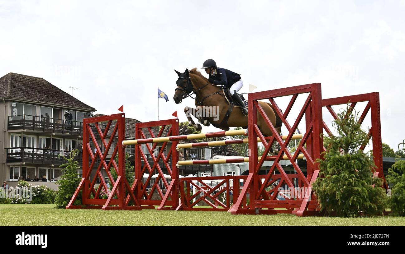 Clip My Horse Live Hassocks, United Kingdom. 25th June, 2022. The Al Shira'aa Hickstead Derby  Meeting. Hickstead Showground. Hassocks. Harriet BIDDICK (GBR) riding NIGHT  OF GLORY O.L. during the Clip My Horse.TV Hickstead Master's Trophy. Credit: