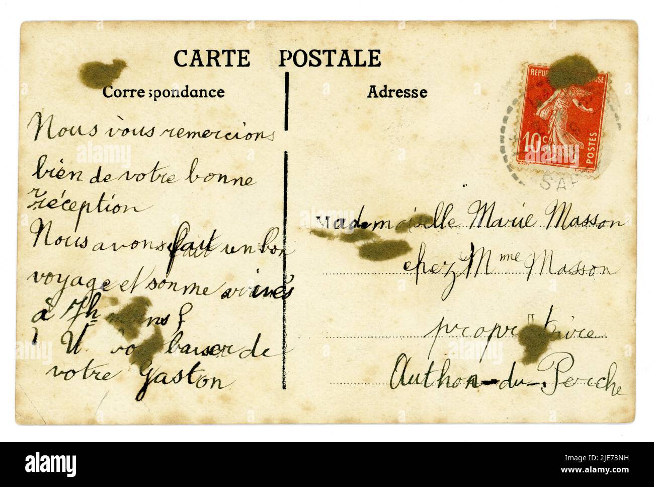 Reverse of original early 1900's French postcard sent to address in Authon-du-Perche in Eure-et-Loire, Red 10c Republic France 'sower' type stamp, posted in 1910. Stock Photo