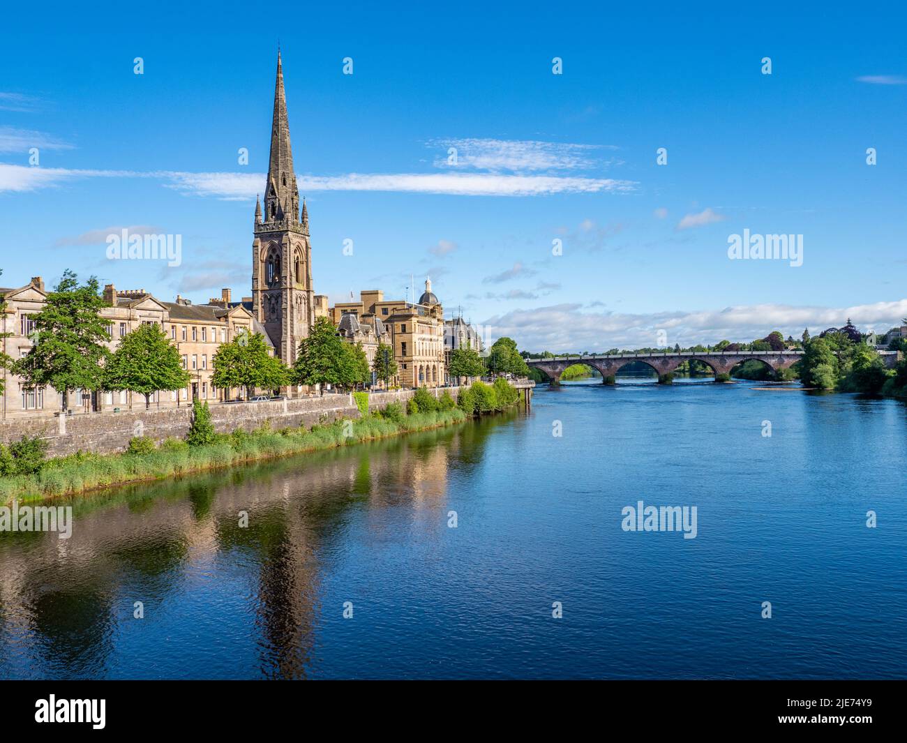 St Matthews Church reflected in the River Tay, Perth, Scotland UK Stock Photo