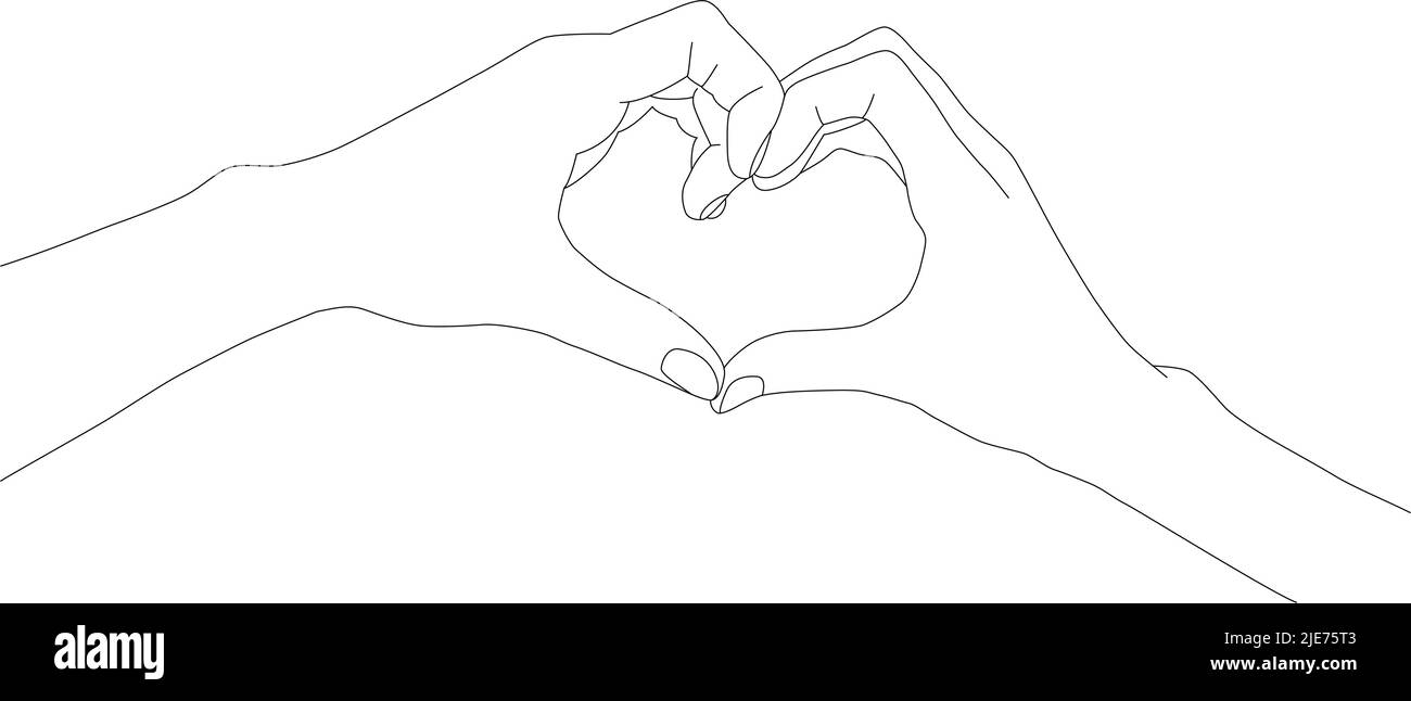 Holding hands. Palms in one line. Hand in hand. A thin drawing line. Stock Vector