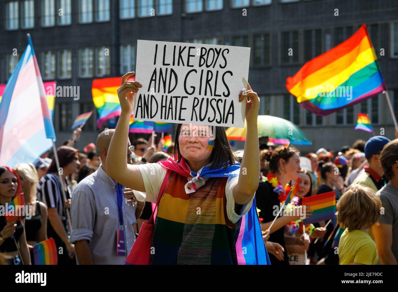 Warsaw, Poland. 25th June, 2022. A woman holds a placard saying 