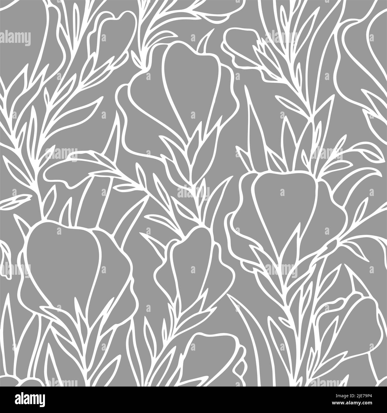 seamless white contour pattern of large flower buds on a gray background, floral texture, design Stock Vector