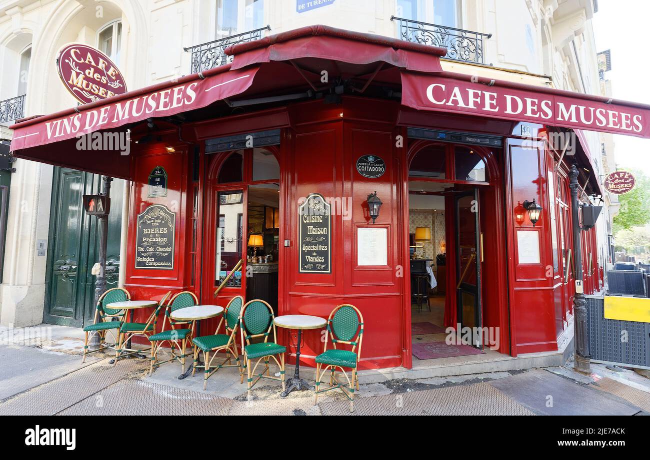 The Cafe des Musees is one of the institutions of the Marais, located at the corner of rue de Turenne and rue du Parc Royal. Stock Photo