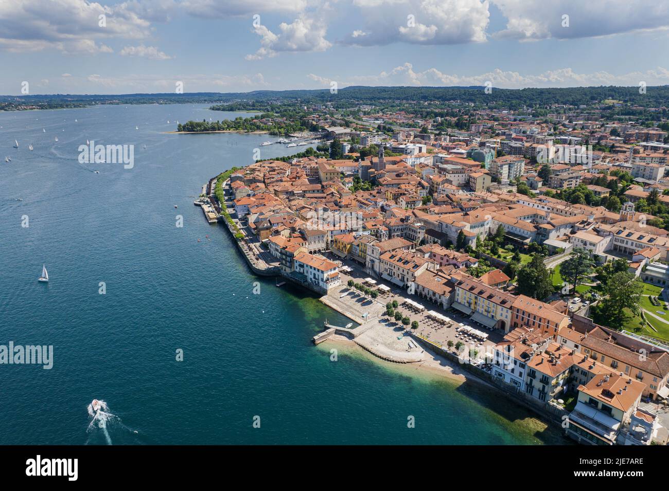 Aerial view of the city of Arona and Lake Maggiore, Italy. Stock Photo