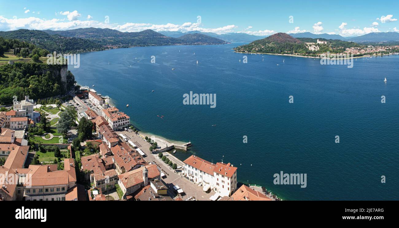 Aerial view of the city of Arona and Lake Maggiore, Italy. Stock Photo