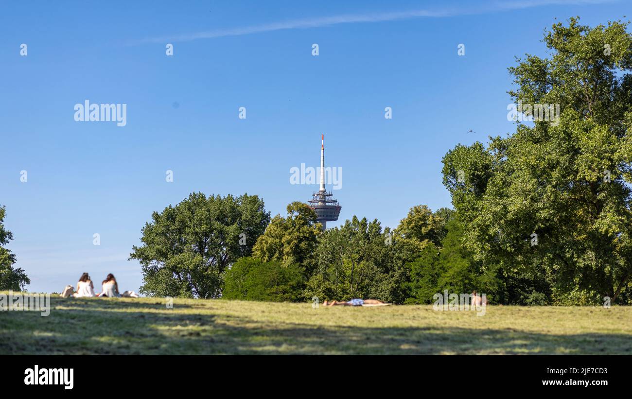 People enjoying warm summer weather in Hiroshima-Nagasaki-Park in Cologne Stock Photo