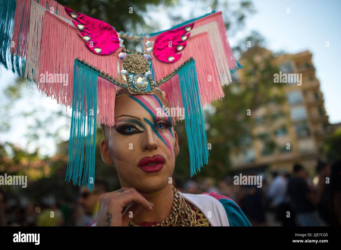 Malaga, Spain. 25th June, 2022. A drag queen is seen posing for a photo  after the demonstration. Under the slogan : "Malaga, Proud and diverse"  hundred of people have marched along the