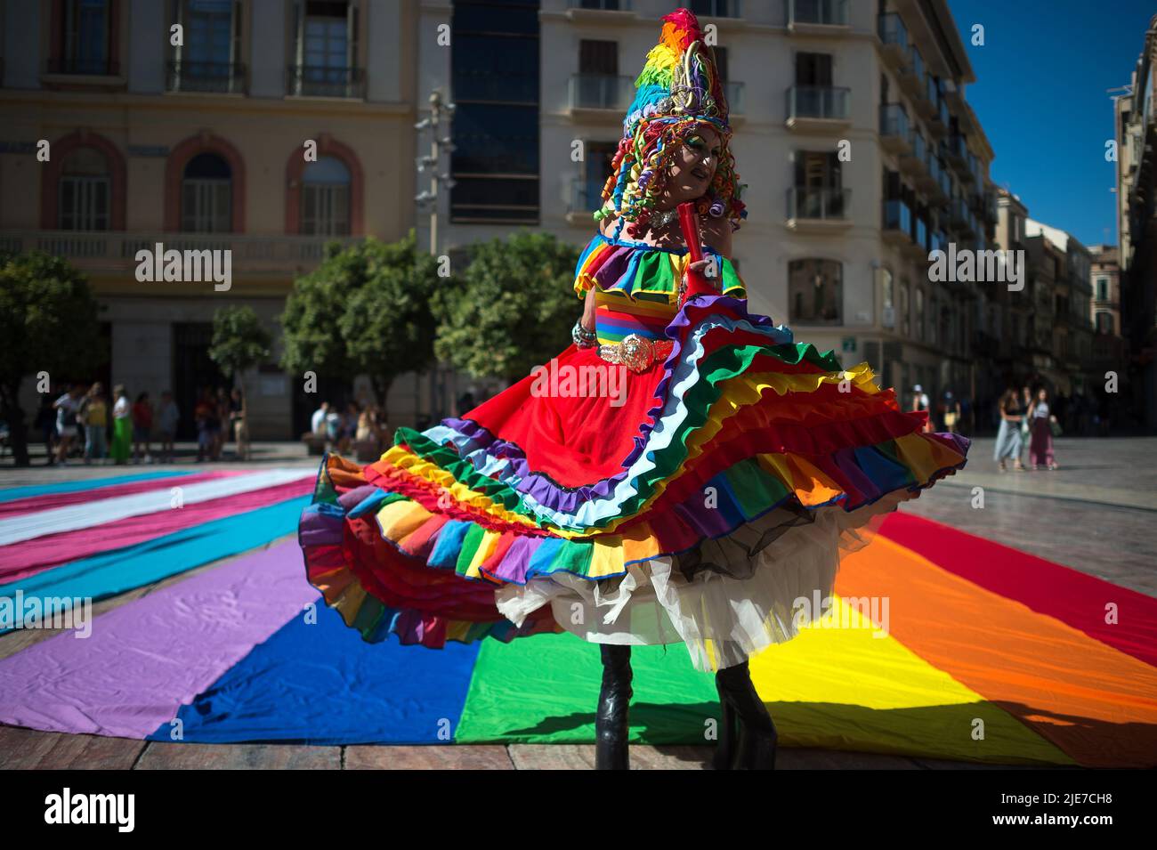 Malaga, Spain. 25th June, 2022. A drag queen is seen posing for a photo before the demonstration. Under the slogan : 'Malaga, Proud and diverse' hundred of people have marched along the main streets in favor of LGTBIQ  rights and against homophobia and transphobia, as part of the Pride celebrations. Credit: SOPA Images Limited/Alamy Live News Stock Photo