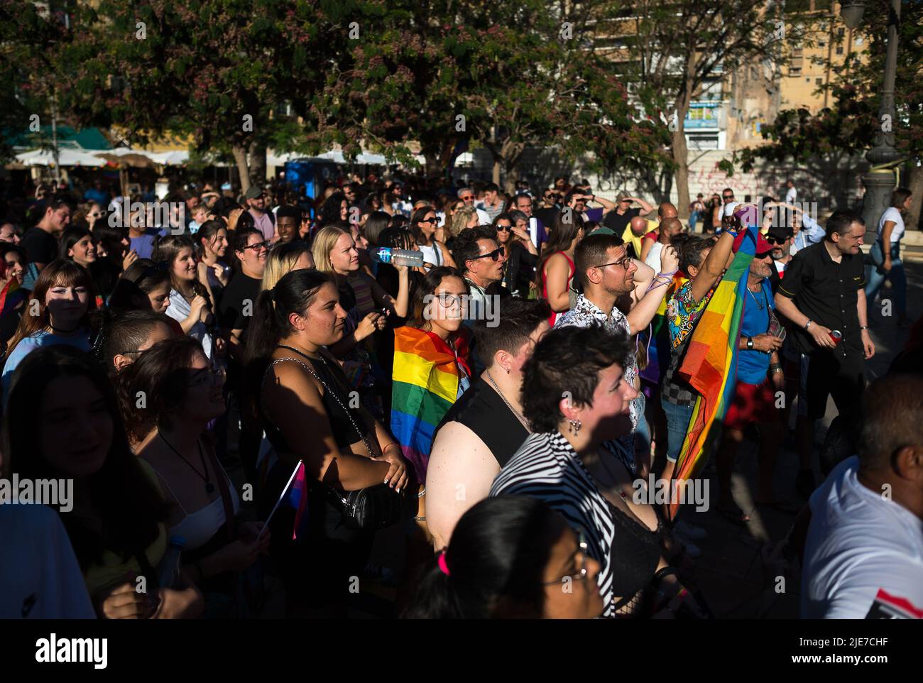 Malaga, Spain. 25th June, 2022. People are seen celebrating after the demonstration. Under the slogan : 'Malaga, Proud and diverse' hundred of people have marched along the main streets in favor of LGTBIQ  rights and against homophobia and transphobia, as part of the Pride celebrations. Credit: SOPA Images Limited/Alamy Live News Stock Photo