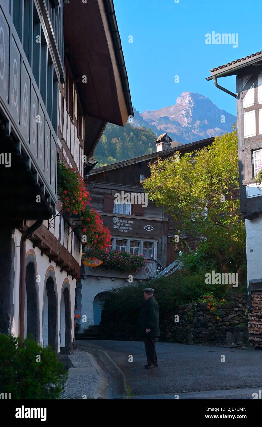 Scenic Village and Castle Werdenberg in fall, Grabs Rheintal CH Stock Photo