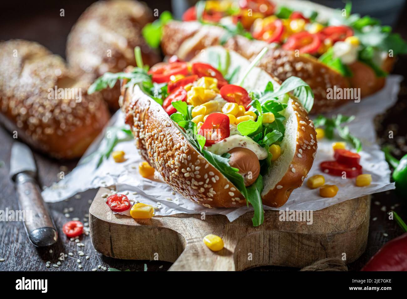 Hot and homemade hot dogs made of spicy sauce and pork sausage. Spicy