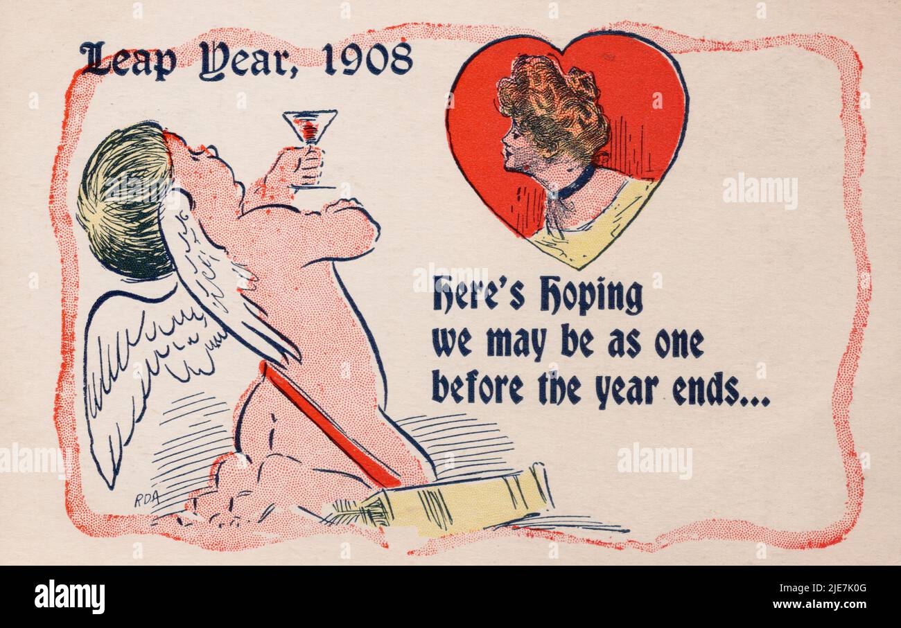 1908 Leap Year, Cupid Toasting Woman in Heart, antique postcard. RDA artist Stock Photo