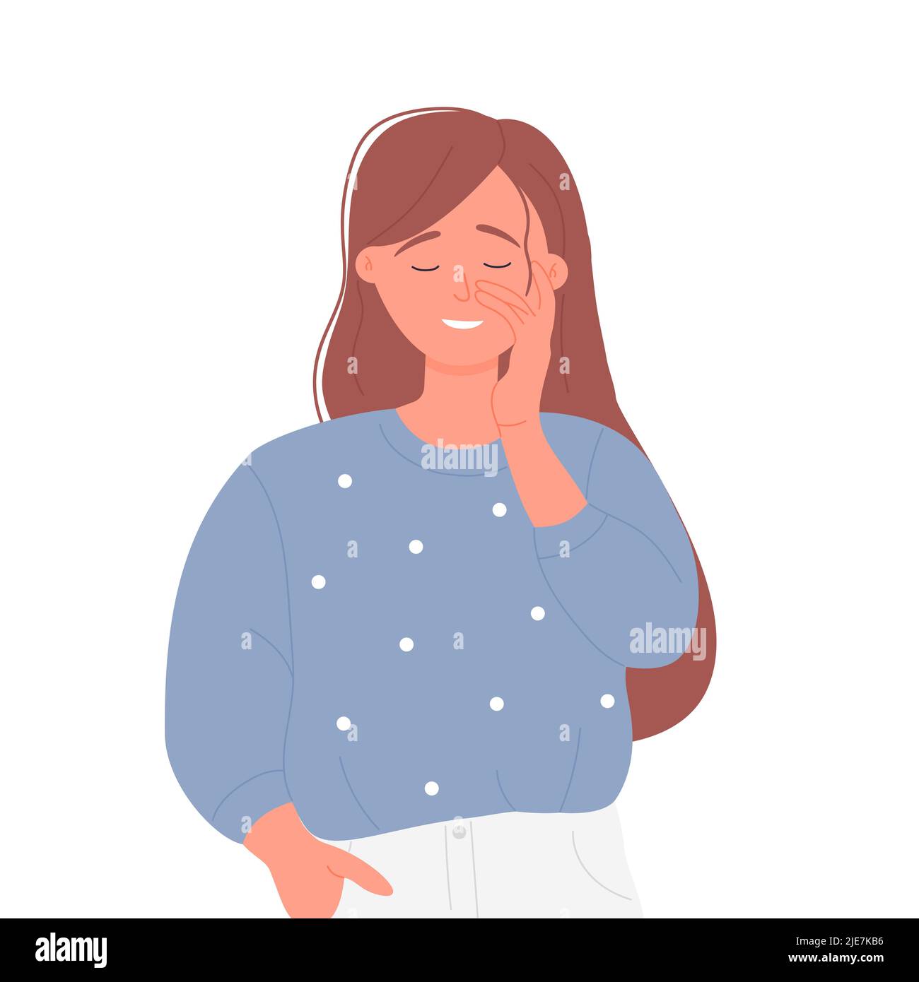 Young shy girl touching her face. Hands gestures and face expression vector illustration Stock Vector