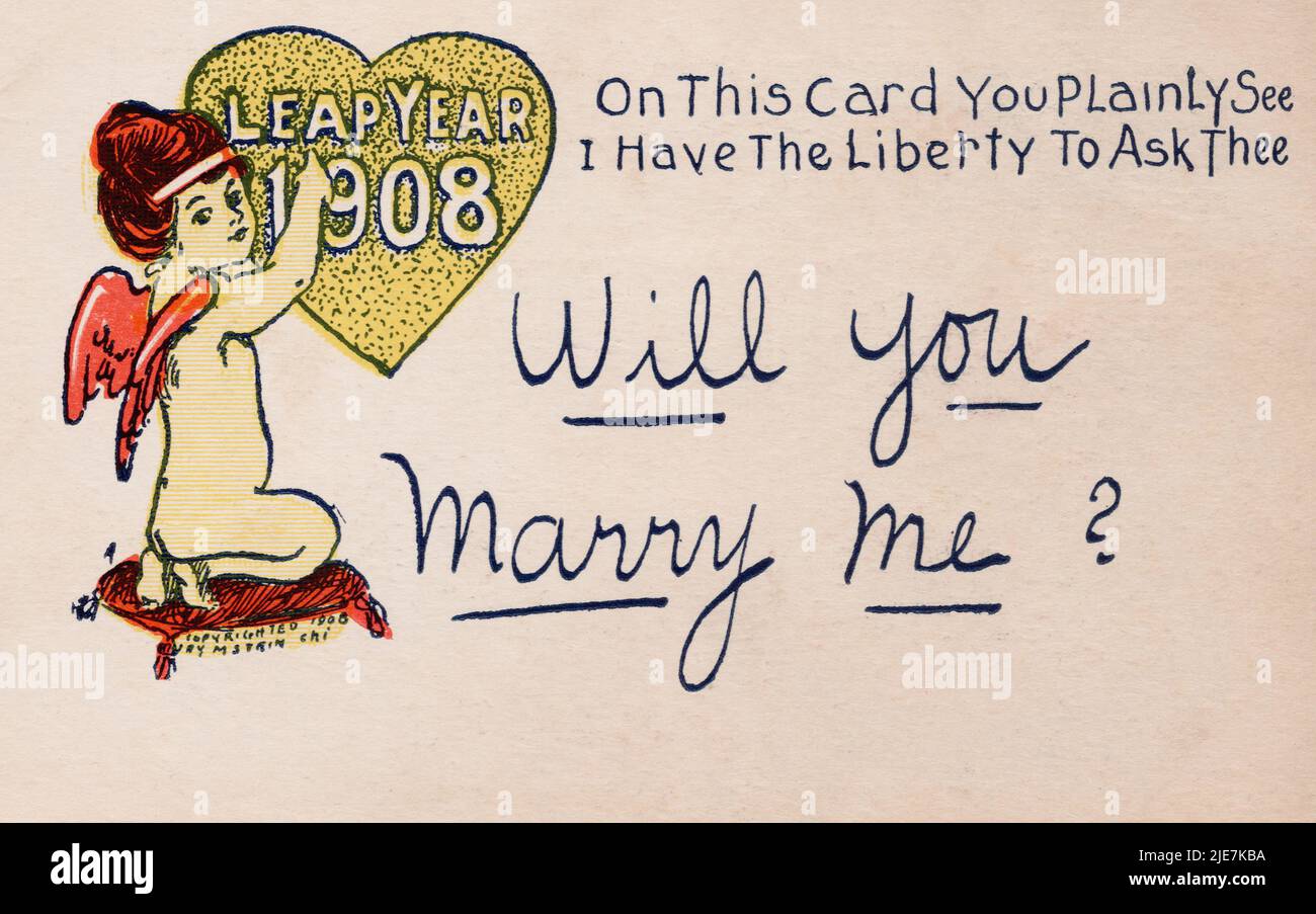 Leap Year 1908, Will You Marry Me Cupid, old postcard. Jay M. Stein artist Stock Photo