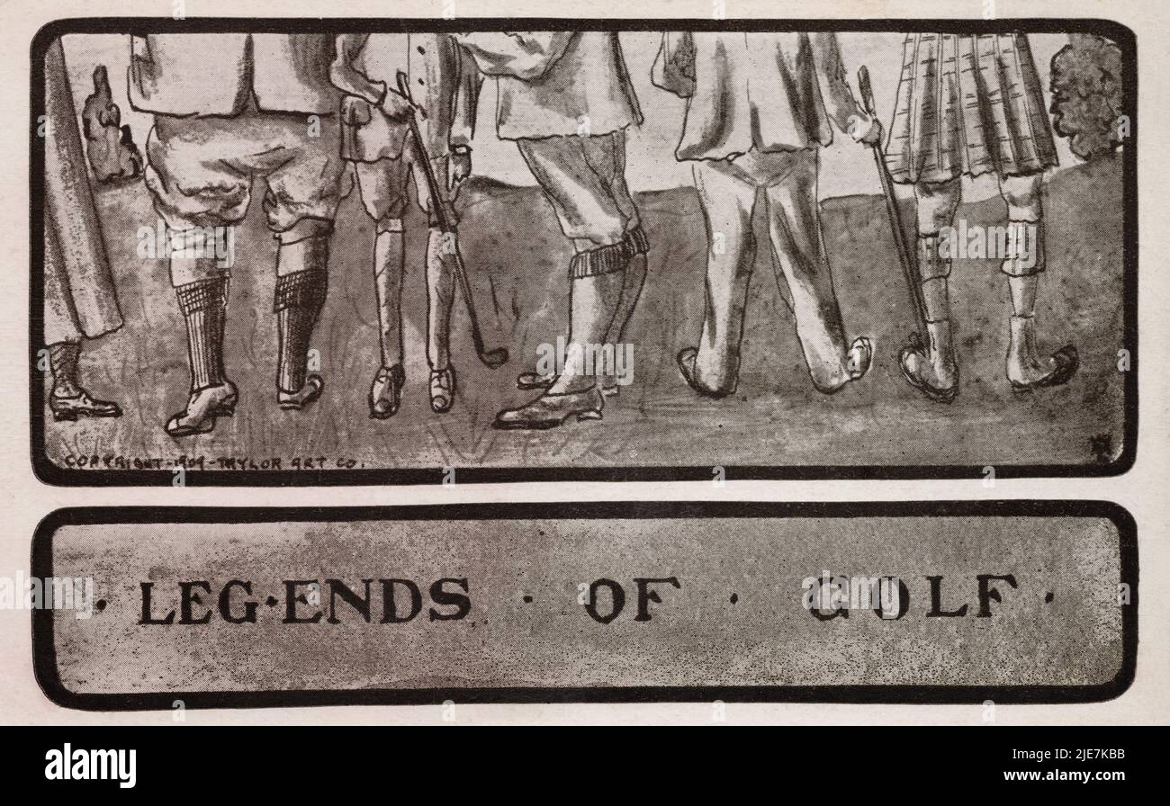 Legends of Golf, golfers lower bodies, antique postcard. Taylor artist, 1909. Stock Photo