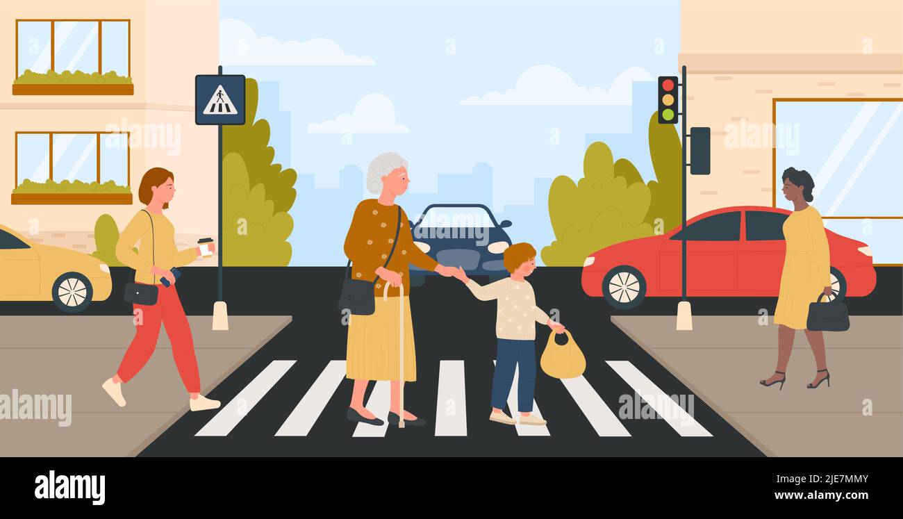 Help of kind courteous boy to old woman with cane to cross zebra on city street with traffic light vector illustration. Cartoon kid and grandmother pedestrians walk background. Elderly care concept Stock Vector