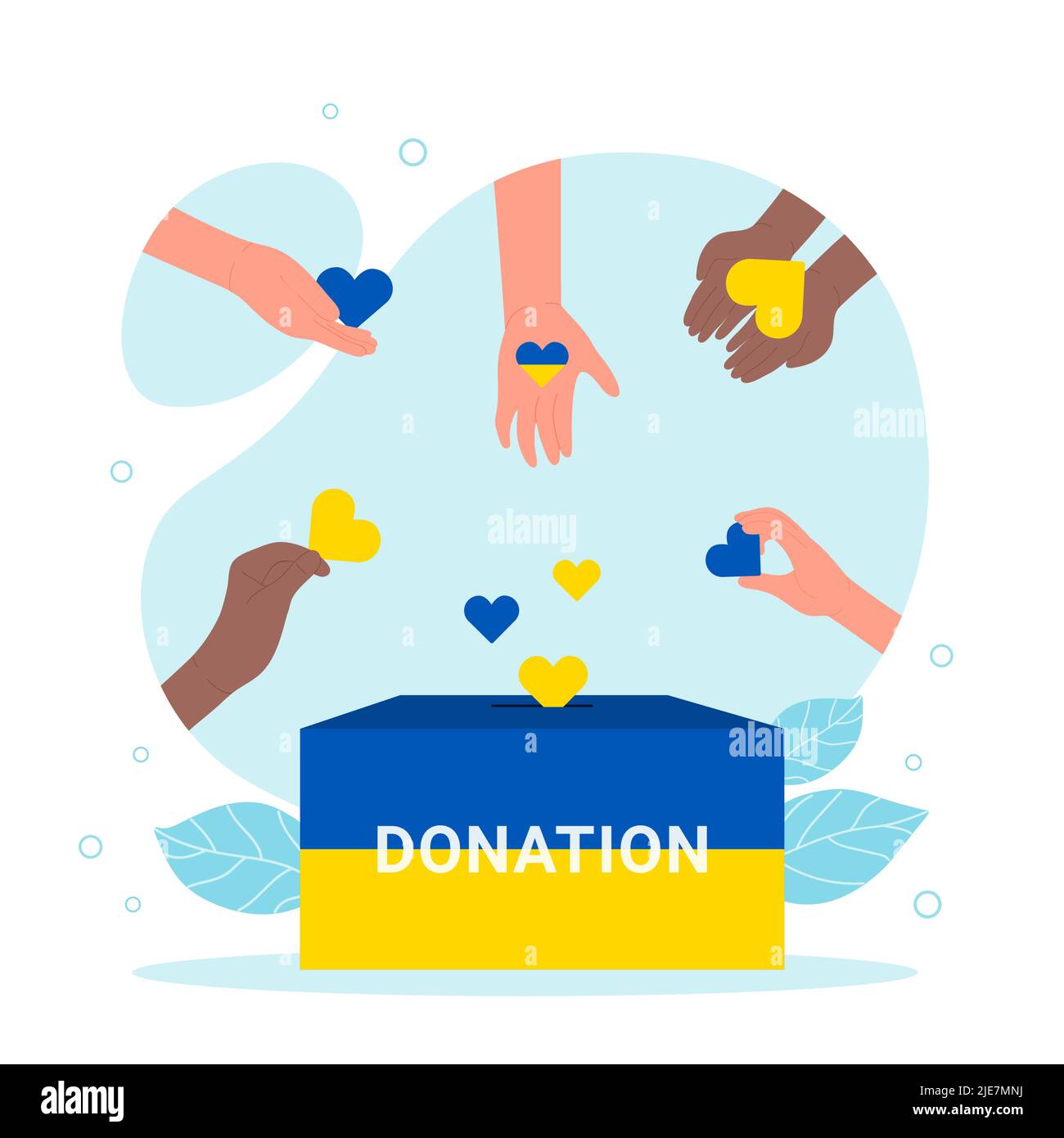 Hands of volunteers give hearts to donation box in yellow and blue colors of Ukrainian flag. Help, support and care to Ukraine from community of people flat vector illustration. Charity concept Stock Vector