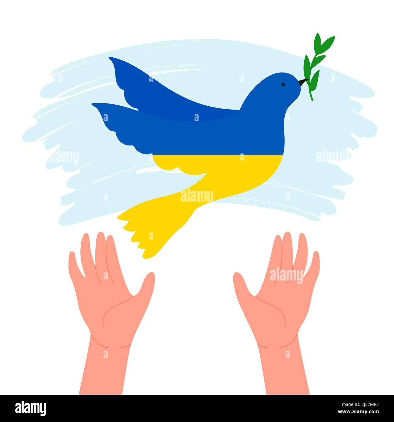 Hands releasing dove in yellow blue national colors of Ukrainian flag. Cartoon pigeon with olive branch flying up into air flat vector illustration. International peace symbol, freedom, faith concept Stock Vector