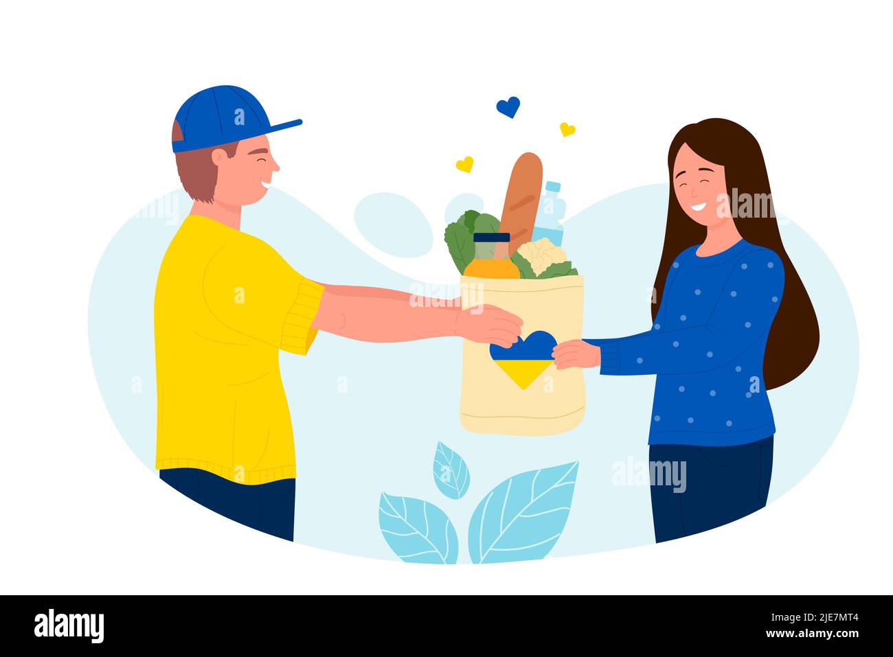 Volunteer giving paper bag with food and heart in yellow blue national colors of Ukrainian flag to woman. Charity support for citizens of Ukraine flat vector illustration. Donation, help concept Stock Vector