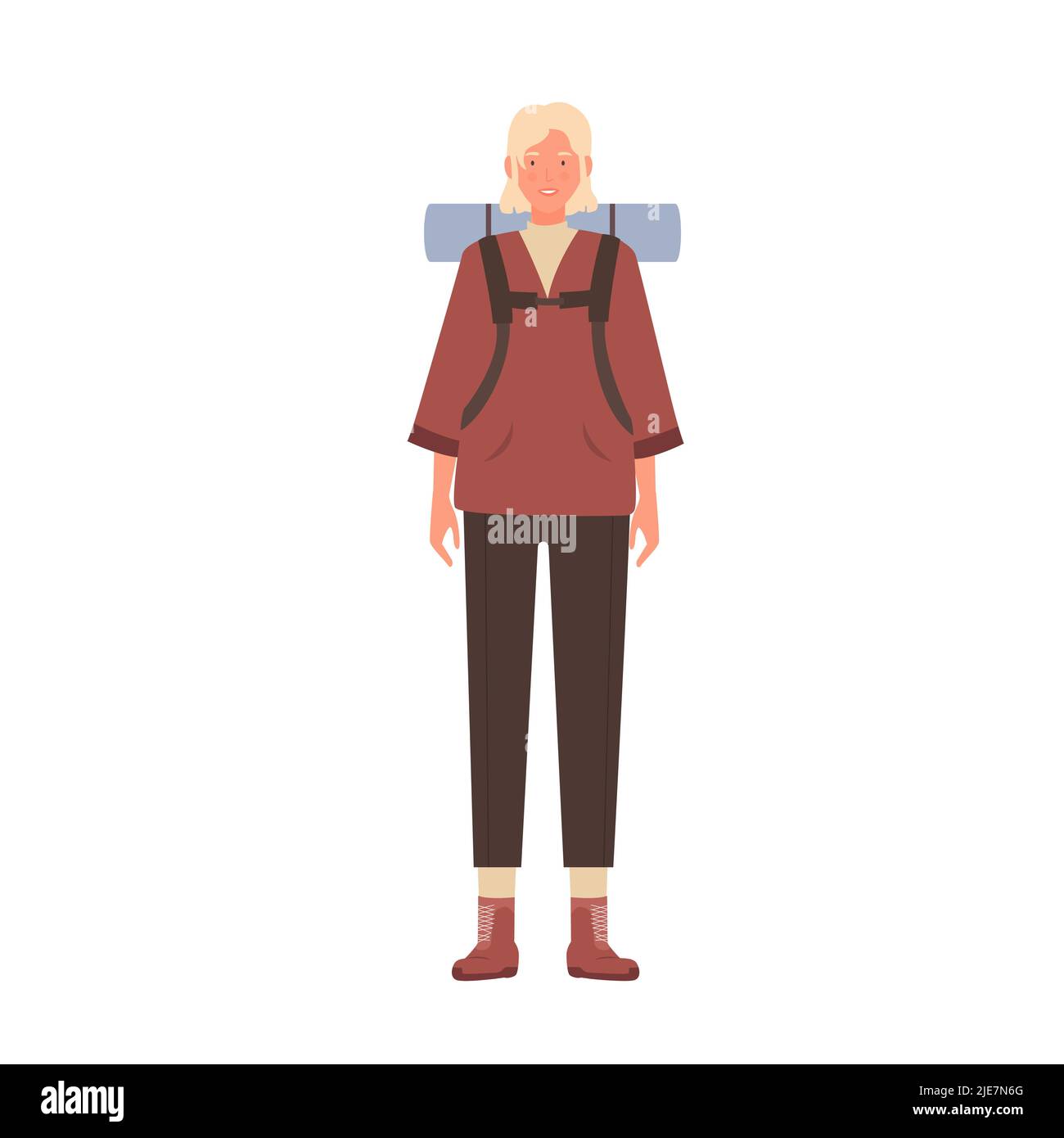 Hiking woman with travelling backpack. Travel camping equipment vector illustration Stock Vector