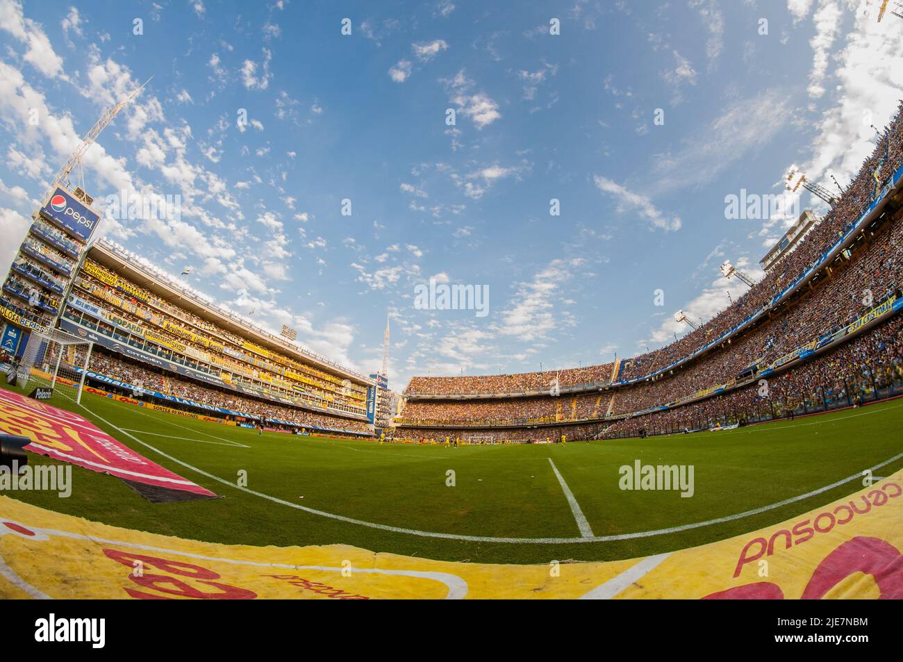 A full capacity stadium at Boca juniors home La Bombonera. Stock Photo