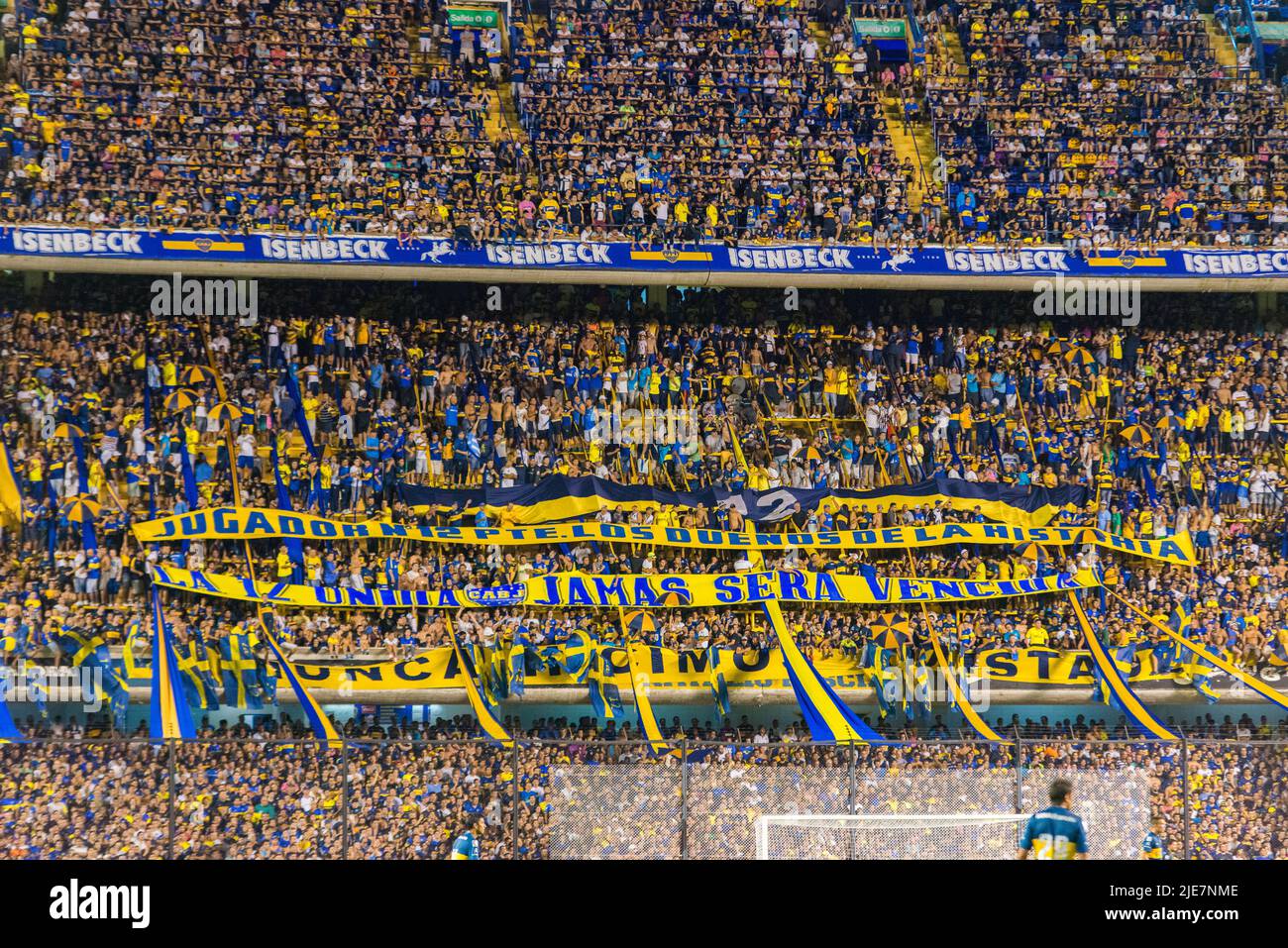 Full grandstands with Boca Juniors supporters at La Bombonera Stadium. Stock Photo