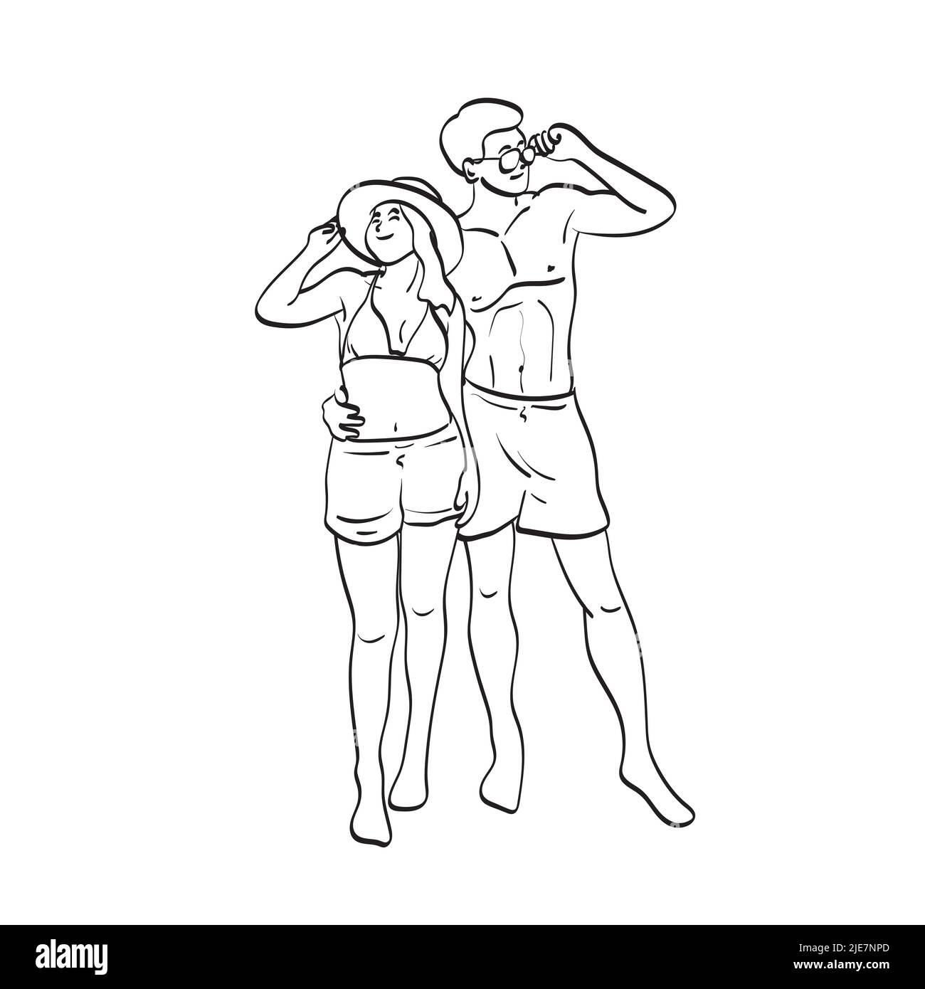lover couples in summer time illustration vector hand drawn isolated on white background line art. Stock Vector