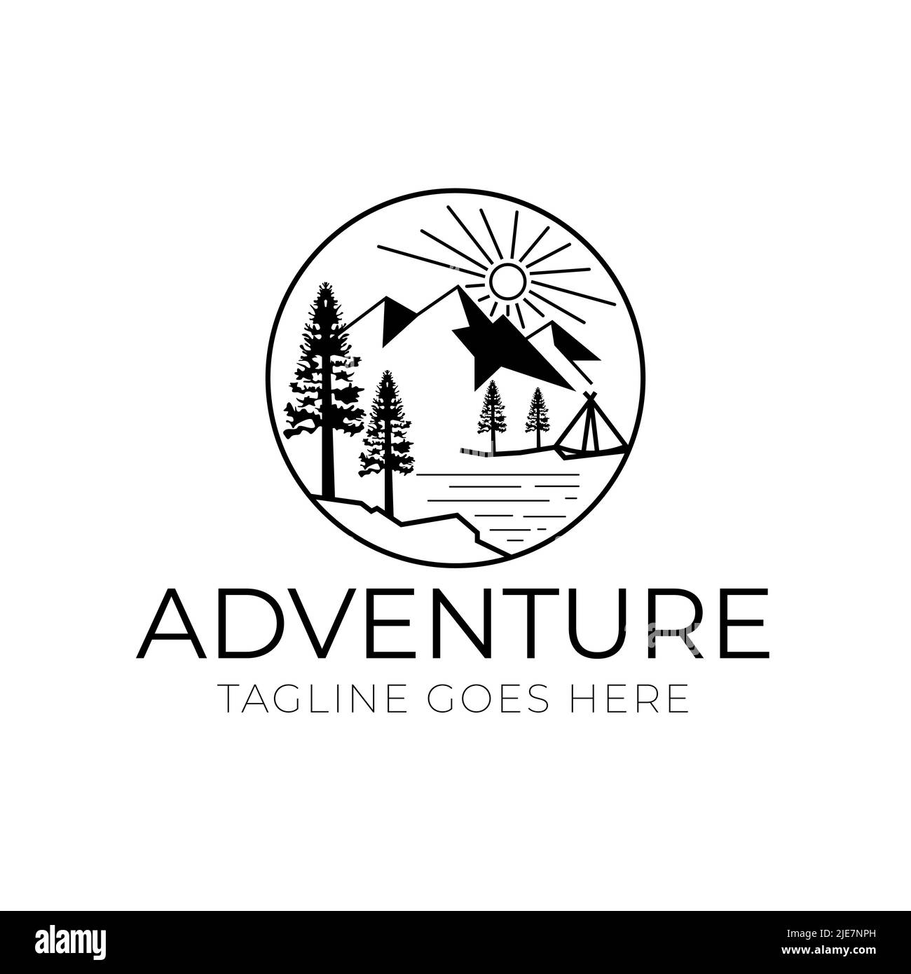 Minimalist camping mountain logo illustration template design,in a circle camping adventure Stock Vector