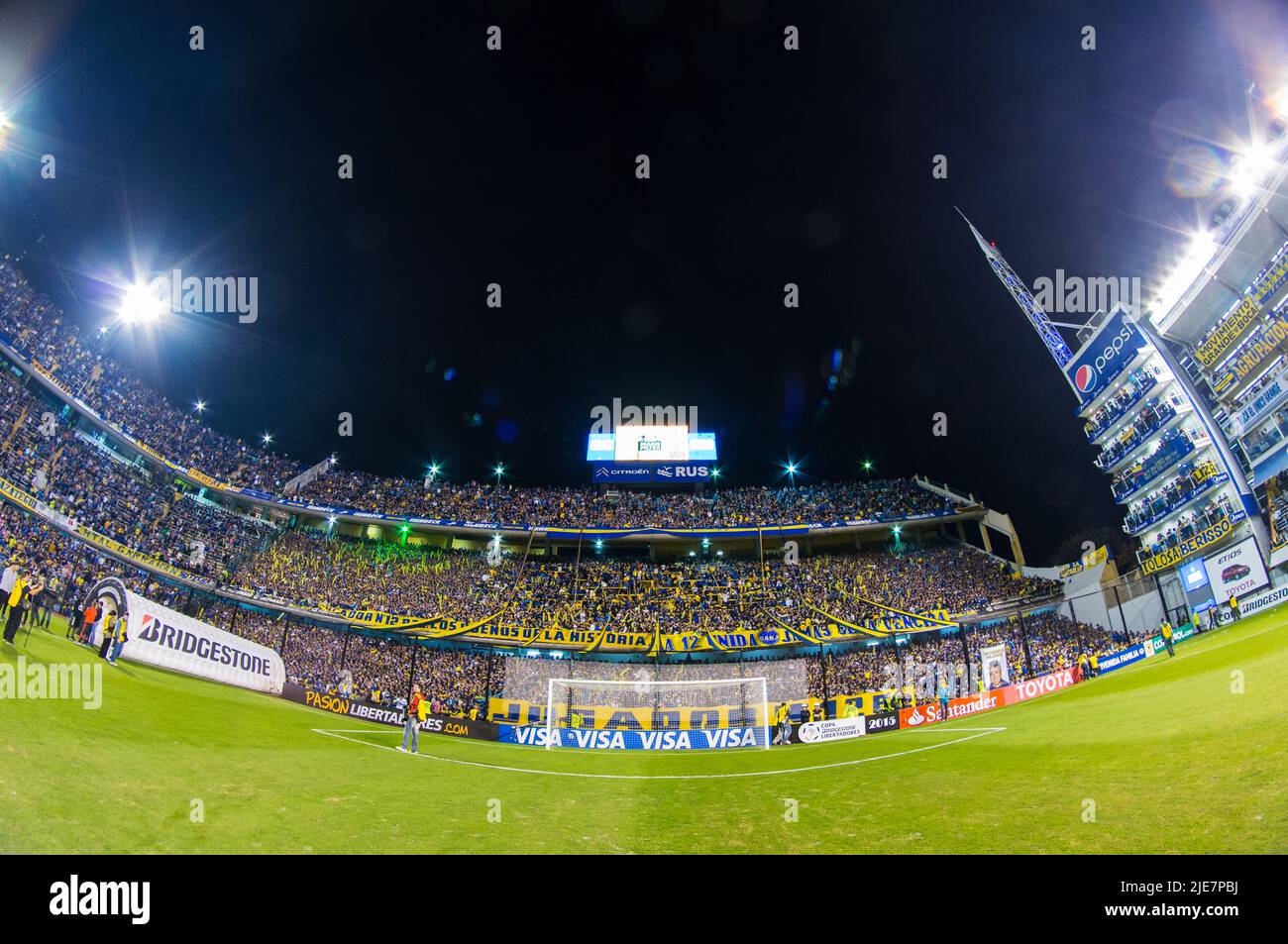 La Bombonera Stadium full of supporters minutes before a 'superclasico' match against River Plate. Stock Photo