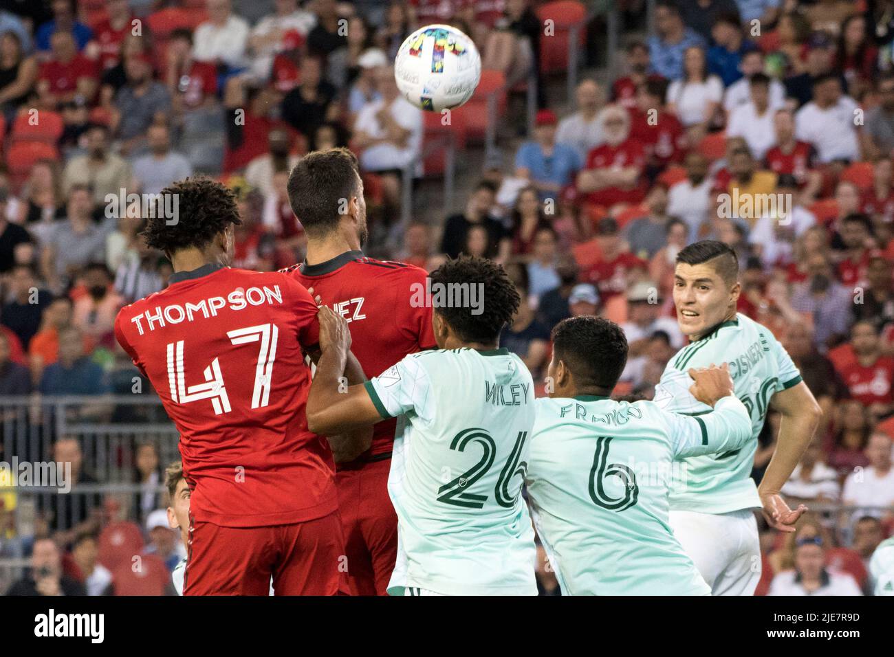 Toronto, Ontario, Canada. 25th June, 2022. Kosi Thompson (47), Jesus Jimenez (9) and Caleb Wiley (26) in action during the MLS game between Toronto FC and Atlanta United FC. The game ended 2-1 for Toronto FC. (Credit Image: © Angel Marchini/ZUMA Press Wire) Credit: ZUMA Press, Inc./Alamy Live News Stock Photo