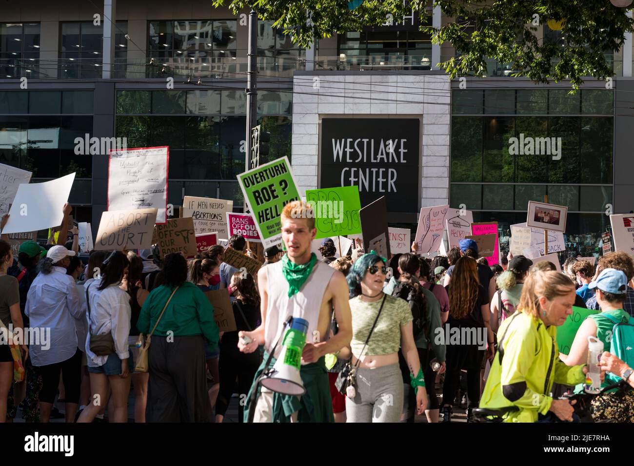 Seattle, USA. 25th Jun, 2022. Pro Choice protestors flooded downtown for a second day to march following the Scotus decision to remove the nearly half century long constitutional precedent to protect a woman’s right to choose. Activists are gathering across the country to let the U.S. Supreme Court know they will not let the high court deny a women’s right to choose without a fight. The historic law giving women autonomy over their bodies was established by Roe V. Wade. in 1973, nearly half a century ago. James Anderson/Alamy Live News Stock Photo